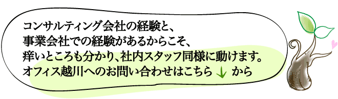 コンサルティング会社の経験と、事業会社での経験があるからこそ、痒いところも分かり、社内スタッフ同様に動けます。オフィス越川へのお問い合わせはこちらから